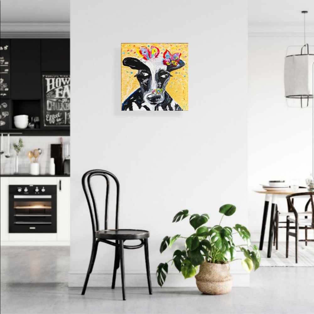 Cow Wall Art Butterflies Painting Original Canvas - Picture 5 of 13